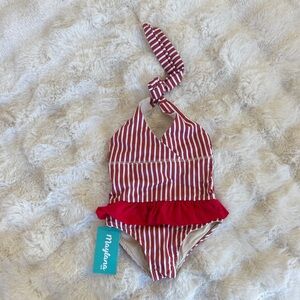 Red and White Striped Kids Swim One Piece